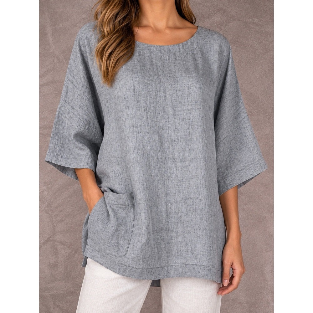 Eskandar Delave Linen Tunic Womens One Size Gray Oversized Scoop Neck Lagenlook